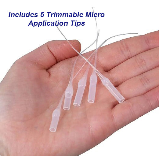 Hand holding five trimmable micro application tips with text on a white background